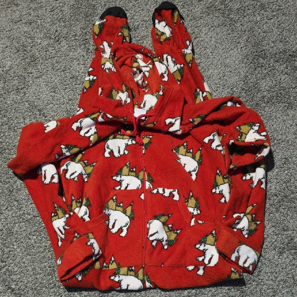 Cozy Red Polar Bear Print Men's footed PJ's With Drop Seat!